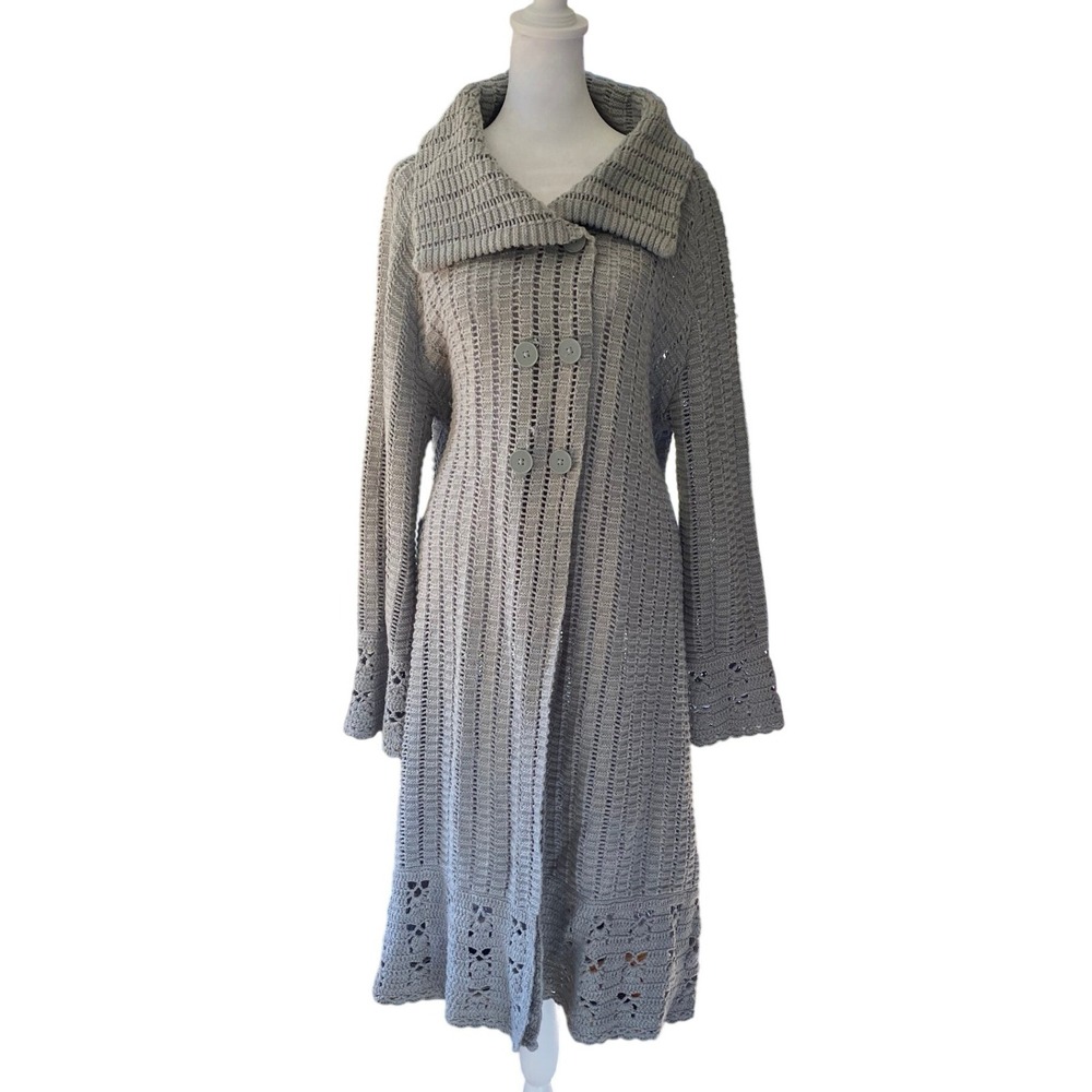 Crochet Knit Long Duster Cardigan Sweater XL Gray Pointelle Cottage Boho Lolita